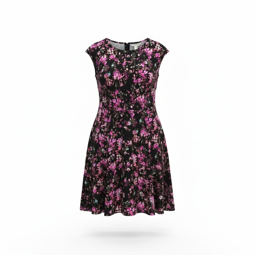 London Times Womens Floral Fit and Flare Dress Black Pink Purple Cap Sleeve 16W
